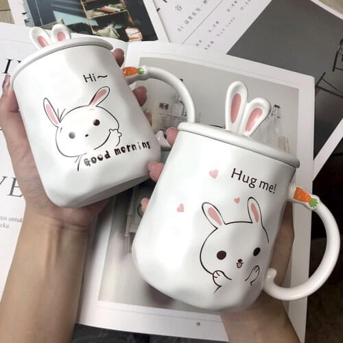 420ml Cartoon Rabbit Coffee Mug Creative Cute Couple Cup Milk Cup Office Cup with Lid Spoon Girl Gift Ceramic Cup