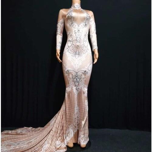 Glisten Rhinestones Printed Long Trumpet Dress Women Birthday Evening Party Outfit Nightclub Female Singer Show Sexy Dresses