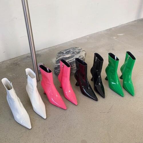 Patent Leather Women Ankle Boots Pointed Toe Chelsea Boots Side Zipper Thin High Heels Party Pumps Black/White/Pink/Green Mules