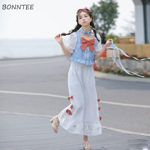 Pant Sets Women Kawaii Students Lovely Girls All-match Bow Hollow Out Ulzzang Chic High Waist Patchwork Tender Classy Female New