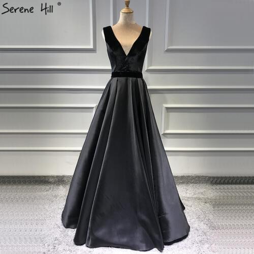 Black Velour Sleeveless A-Line Sexy Evening Dresses 2020 Real Photo Deep-V Simple Formal Dress Serene Hill LA60951
