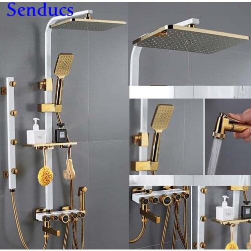 Bathroom Shower System Senducs White Gold Bathroom Mixer Faucet Rainfall Shower Head Brass Mixer Tap Hot Cold Shower Set