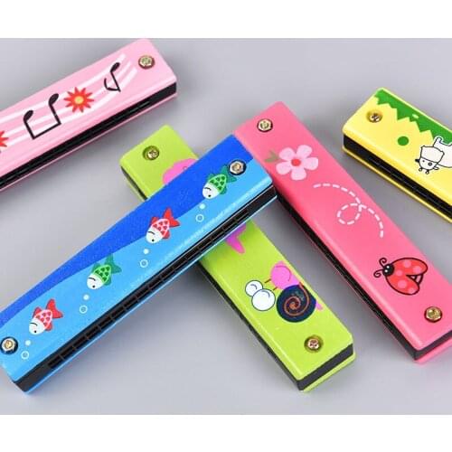16 Holes Harmonica Musical Instrument Wooden Double Row Blowable Harmonica Cute Cartoon Pattern Wind Instrument Toys Kids Gift