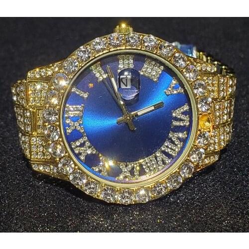 Hip Hop MISSFOX Hiphop Top Brand Luxury Mens Iced Out Watches Blue Quartz Wristwatches Bling Bling Roman Watch for Men Jewelry