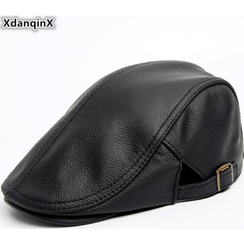 XdanqinX Natural Real Genuine Leather Hat Men Simple Berets Cowhide Leather Cap Adjustable Size Mens Flat Caps Snapback Hats