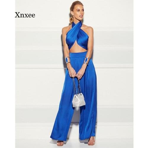 Summer Sexy Halter 2 Piece Set Contrast Printing Woman Cool Casual Beach Vacation Wear Chic Bra Tops Flare Pant Slim Outfit
