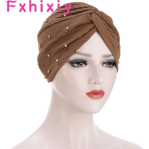 Muslim Women Headscarf With Pearl Beanie Hat Soft Cotton Beading Turban Crinkle Femme Musulman Islamic Wrap Mujer Hot