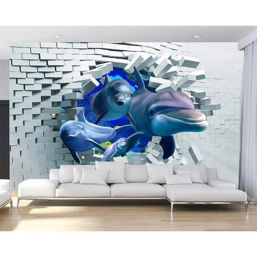 Beibehang Custom wallpaper 3D brick wall deep sea animal dolphin stereo living room bedroom TV background walls 3d wallpaper
