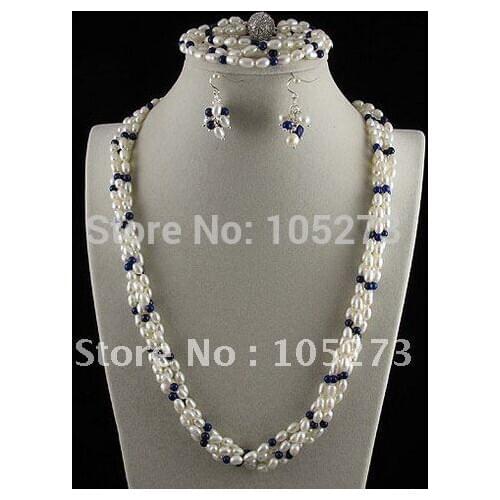 Charming!pearl jewelry set AA 4-6mm lapis&white Genuine freshwater pearl necklace bracelet earring Hot sale free shipping A2457
