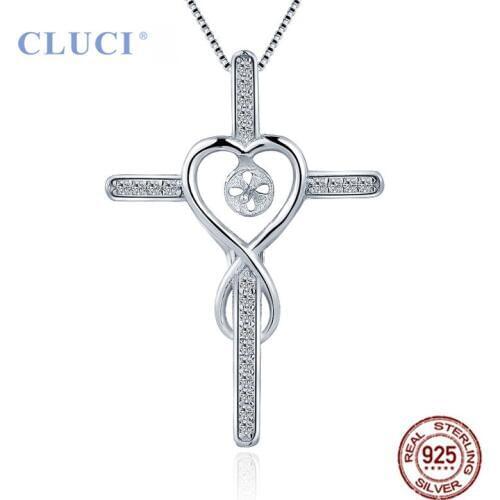 CLUCI Sterling Silver 925 Pearl Necklace Pendant Mounting for Women CZ Cross Pendant Charms Pearl Jewelry SP428SB