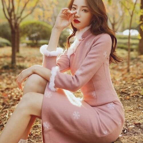 Qipao Women Red Pink Autumn Long Sleeve Chinese Dress Hanfu Cheongsams China Style Robe Orientale Modern Harajuku Vestido Chino