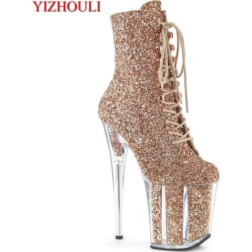 20cm stilettos, 8in pole dancing boots from a sexy nightclub model, sequined vamp party stage, ankle boots
