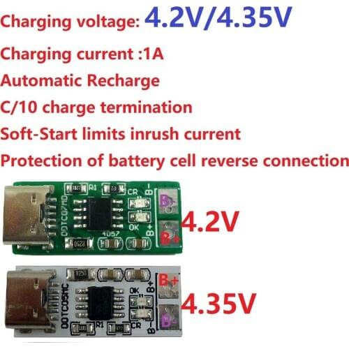 Type-C USB 5V to 4.2V 4.35V Li-ion Li-Po Lithium Battery Charger Module for 3.7V 3.8V 18650 Cell Phone Battery