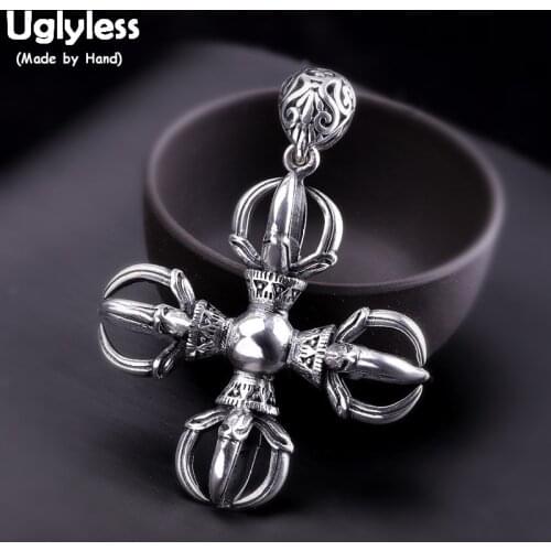 Uglyless Buddhistic Vajra Hollow Cross Pendants for Men Religious Thai Silver Necklaces NO Chains 925 Silver Fine Jewelry P874