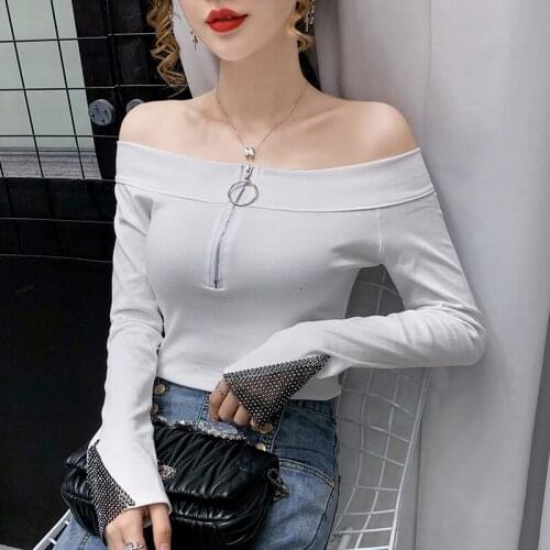 WWENN Sexy Slash Neck Off Shoulder Women Tops Long sleeve T-shirt Female Tops Slim Solid Girls Diamonds Zipper Tops White Shirts