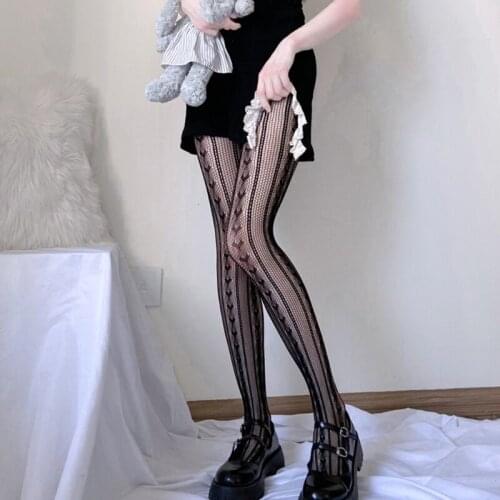 2021 Women Girls Dark Heart Striped Pantyhose Gothic Punk Sexy Hollow Out Fishnet Mesh Black Tights Japanese Lolita Stockings