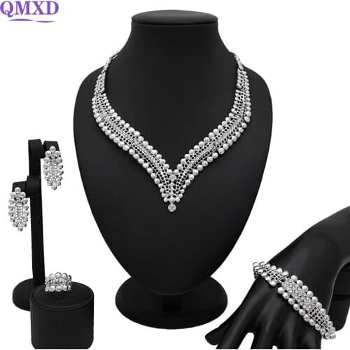 Elegant Women Hollow Crysta Silverl Necklace Ring Wedding Party Jewelry Accessories Italy Charm Bride Silver Jewelry Sets