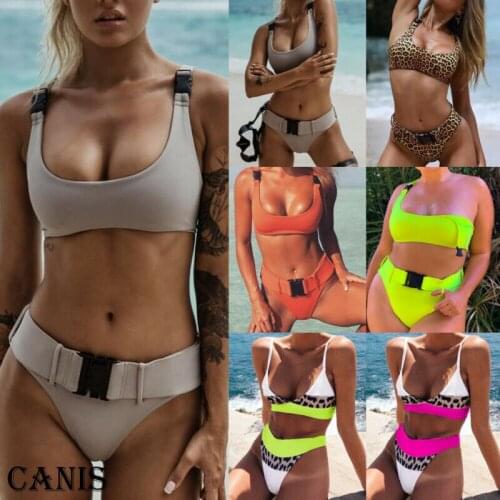2020 Women Leopard Print Style High Waist Sexy Lady Padded Bra Bikini Swimsuit Bandage Push-up Swimwear Set Bathing Green Pink