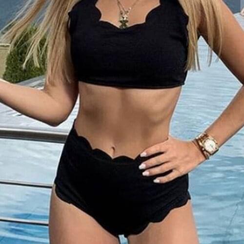 Women Scalloped Textured High Waist Bikini Set Solid Two Pieces Push Up Beach Bathing Suits Swimwear Lace Biquinis Bathing Suits