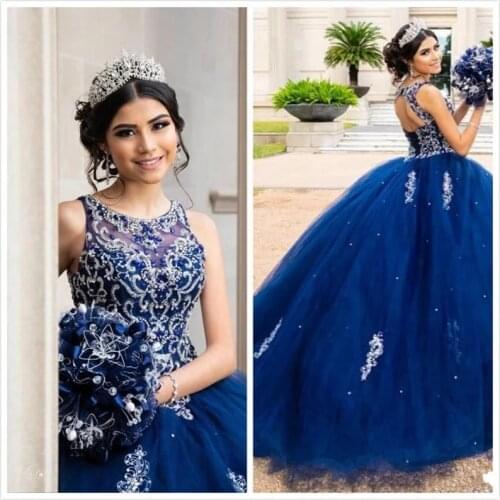 Gy custom made Beaded Crystals Lace Blue Quinceanera Dresses Crew Backless Tulle Ball Gown Prom Party Gowns Sweet 16 Dress