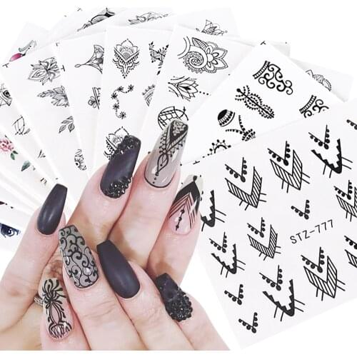 12pcs Water Decals Floral Jewelry Nail Stickers Black Geometry Hollow Designs Sliders For Nails Decoration Manicure JISTZ766-778