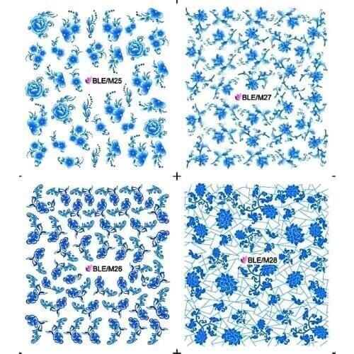 4 PACKS / LOT Nail Art Water Transfers Stickers Nail Decals Stickers BLUE FLOWER FULL COVER CHINA BLUE LACE ORMENTS M025-M028