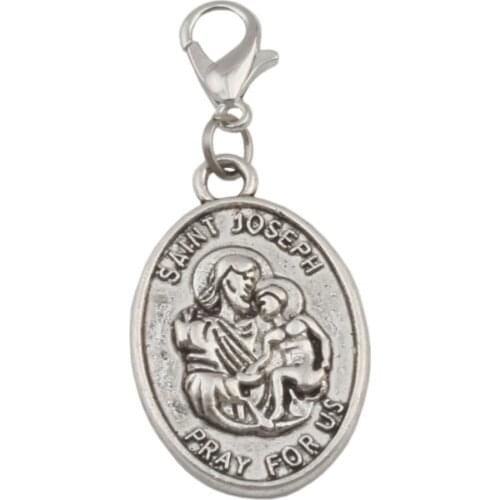 50pcs Tibetan Silver Alloy "SAINT JOSEPH PRAY FOR US" Floating Lobster Clasps Charm Beads Fit Bracelet DIY Jewelry 18x42mm A439