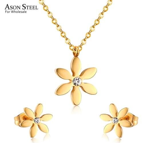 ASONSTEEL Crystal Flower Pendant Necklace Earrings For Women Jewelry Sets Fashion Gold Stainless Steel Charm Necklace Earrings