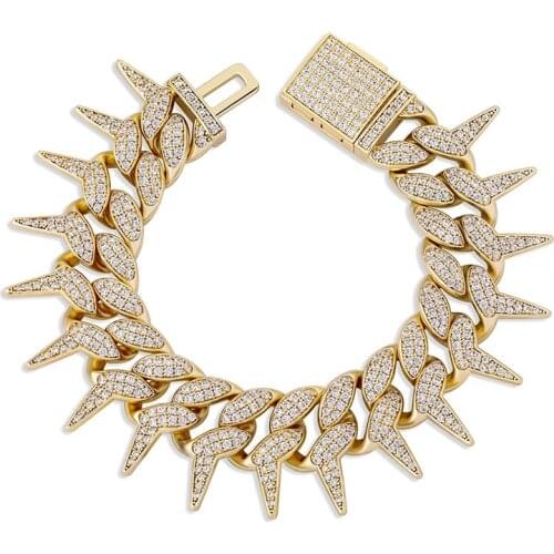 HIP Hop Jewelry Claw Setting AAA+ CZ Stone Solid Rivet Spike Thorns Cuban Miami Link Chain Bracelets Bangles for Men Rapper Gift