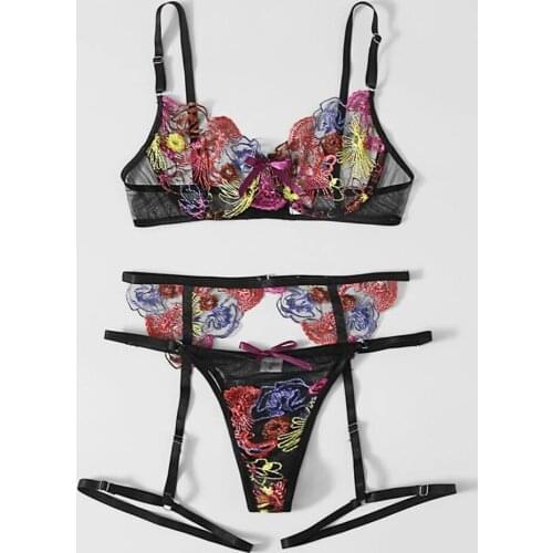 3 Pieces Set Sensual Lingerie Womens Underwear Transparent Sexy Lingerie Bra Graters Embroidery Sexy Exotic Bra and Brief Sets