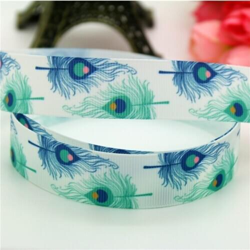 DHK 7/8'' 5yards peacock feather printed grosgrain Ribbon headwear hair bow diy party decoration OEM 22mm C1186