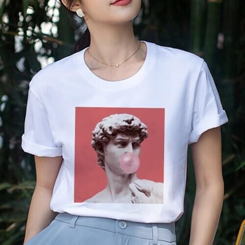 Women white T shirt Fashion David Michelangelo blowing bubbles Print Female T-Shirt Summer Harajuku Short Sleeve Casual Tshirt