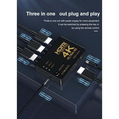 HW-4K301H 4K 2K HDMI Cable Splitter HD 1080P Video Switcher Adapter 4K HDMI Switch 3 in 1 outfor Xbox PS4 DVD HDTV PC Laptop TV