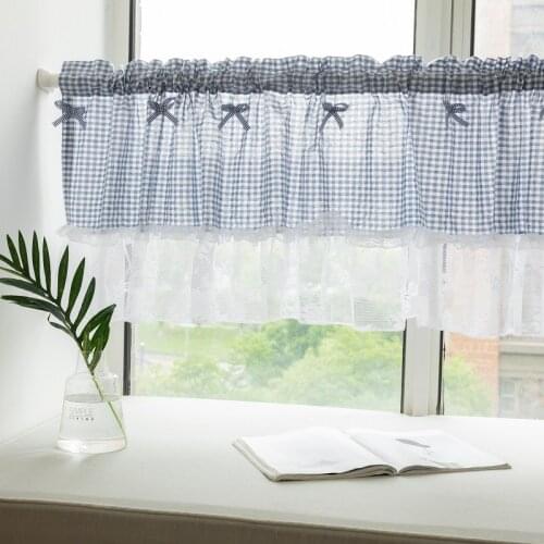 Plaid Short Curtains Nordic Simple Half Coffee Bathroom Kitchen Curtain Pink Blue Gray Drapes with Bowknot Window Valance Decor