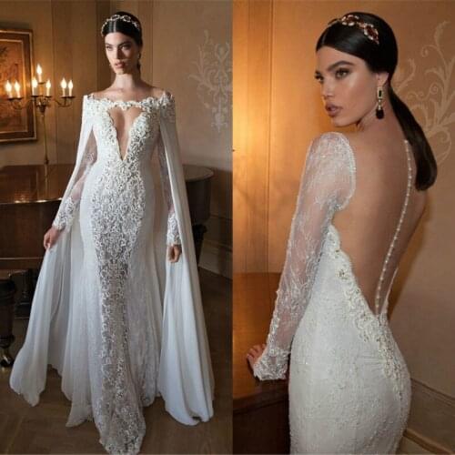 Berta Mermaid Wedding Dresses Free Detachable Lace Appliqued Cape Sexy V-Neck Long Sleeve Beaded Bridal Gowns Vestido De Noiva