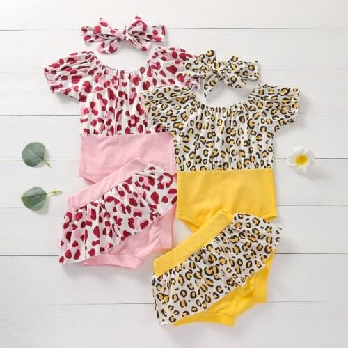 Summer Fashion Newborn Toddler Baby Girls Clothes Sets Leopard Print Short Sleeve Romper Tops Bow Shorts Headband Outfit Set