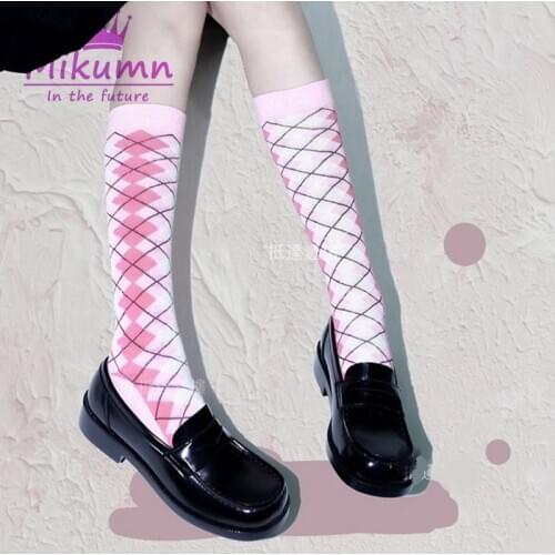 Harajuku Girls Cute Pink Plaid Knitted Socks Japanese Women Kawaii Lolita Cotton Long Socks Chic Streetwear