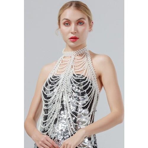 Sexy Women Pearl Shawl Necklaces Collar Shoulder Long Chain Pendants Necklaces Sweater Chain Wedding Dress Jewelry Accessories