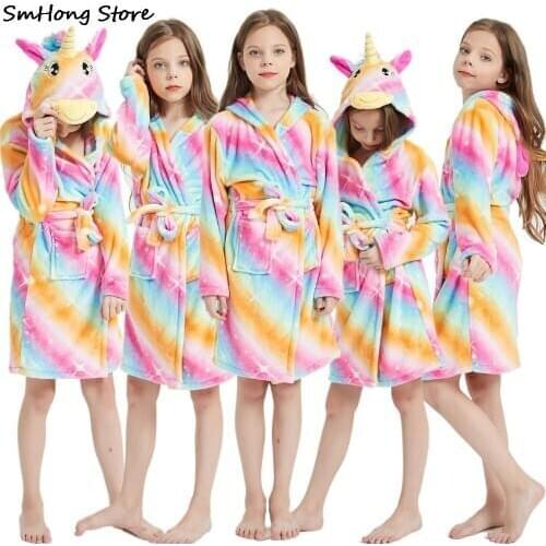 Kigurumi Unicorn Animal Boys Girls Sleepwear Onesie Pajamas Childrens Bathrobes Flannel Hooded Towel Robes Kids Dressing Gowns