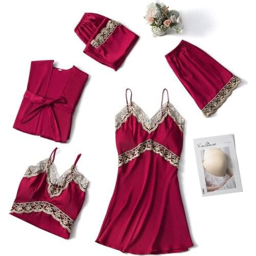 Pajamas Sets Womens 5PCS Lace Pyjamas Sleep Suit Sexy V-Neck Nightwear Spring Satin Sleepwear Lounge Nightwear Intimate Lingerie