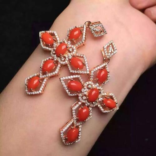 Natural red coral pendant S925 silver Natural gemstone Pendant Necklace trendy Elegant Luxury big cross women girl party jewelry