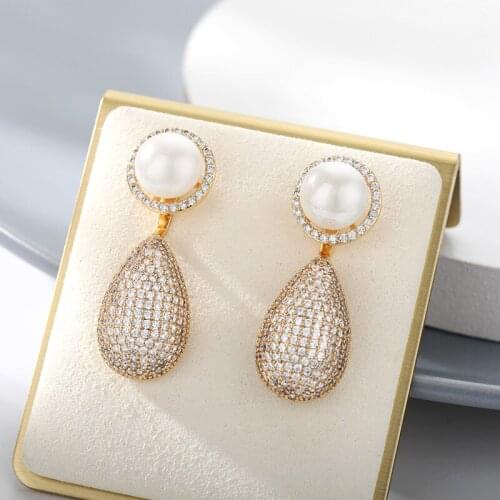 Golden zircon pearl drop earrings Big Water Drop Gold Luxury Micro Pave CZ Earrings Dubai Silver Bridal Wedding Jewelry