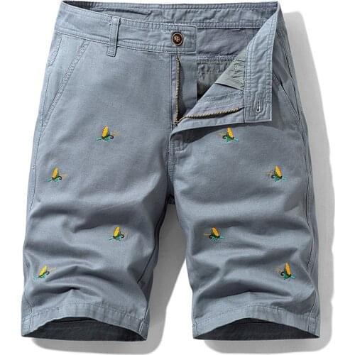 Summer Embroidery Cargo Short Men Korean Fashion Knee Length Straight Mens Shorts 100% Cotton Breathable Outdoor Short Homme
