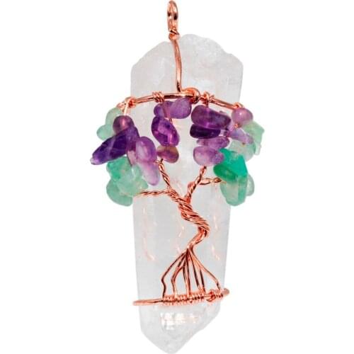 TUMBEELLUWA Natural Rock Quartz Wire Wrapped Chips Amethyst Green Aventurine Tree of Life Pendant Fit Necklace