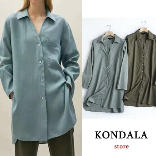 KONDALA Za Oversized Long Shirts Women Office Lady Unicolor Elegant Loose Shirts Female Fashion 2021 Chic Mujer Tops