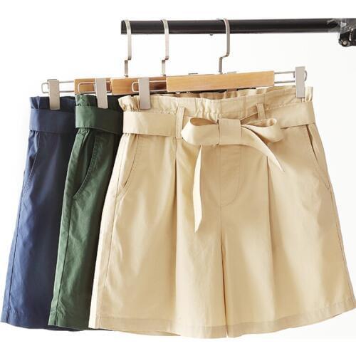 Women summer shorts Tall waist loose cotton wide-legged shorts Thin section plus size paper bag trousers Pure color shorts