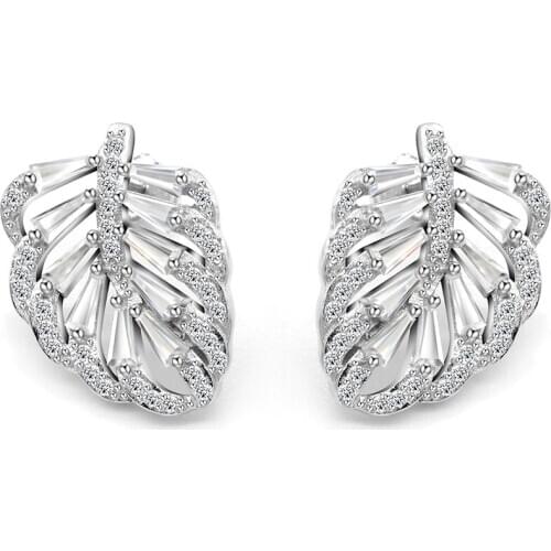 925 Sterling Silver Earrings for Women Girls Spring Leaf Leaves Clear CZ Zircon Stud Earrings Female Fashion Engagement Jewelry