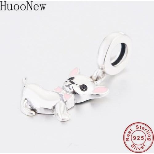 925 Sterling Silver Mr Chihuahua Dog Pink Bow Tie Bead Pendant Fit Original Pandora Charm Bracelet Making Dangle Berloque 2020