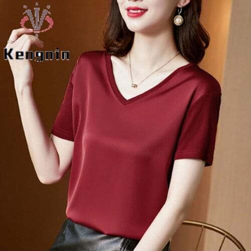 2021 Summer Women Chiffon Tops Stain Patchwork Modal Short Sleeve Ladies Tees Elegant Simple Female Loose Pullovers KE1022