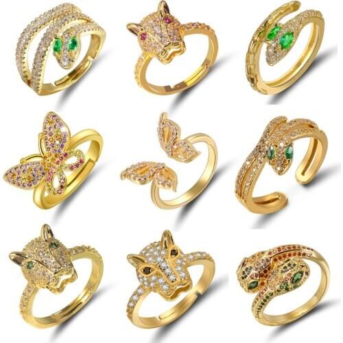 Distant Star Panther Heads Adjustable ring Snake Rings For Women Gold Color Clear CZ Punk Rock Ring Animal Leopard Jewelry
